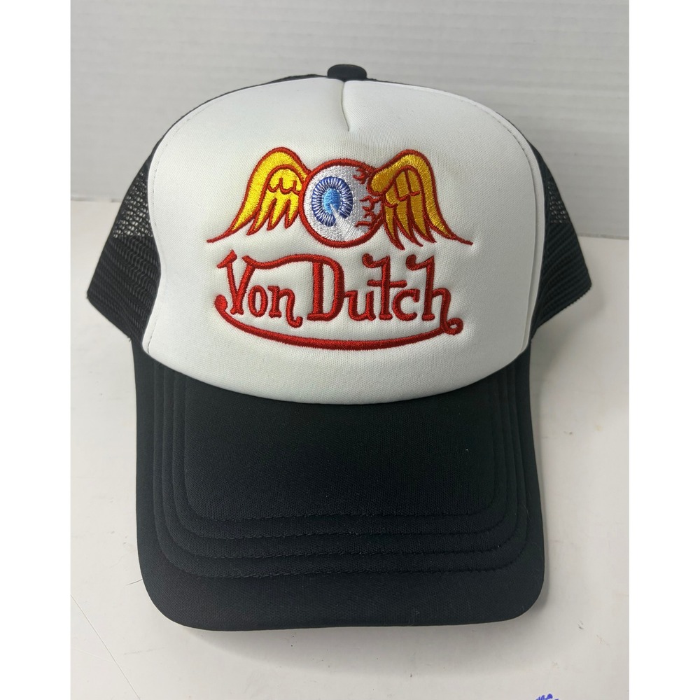 Von Dutch Flying Eyeball Trucker Hat Black White Mesh Snapback Cap